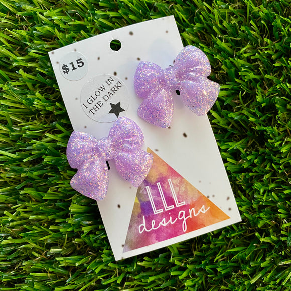 Handmade Resin Hair Clip - Glow In Dark Lavender - Medium Chunky Bow Hair Clip Pair!
