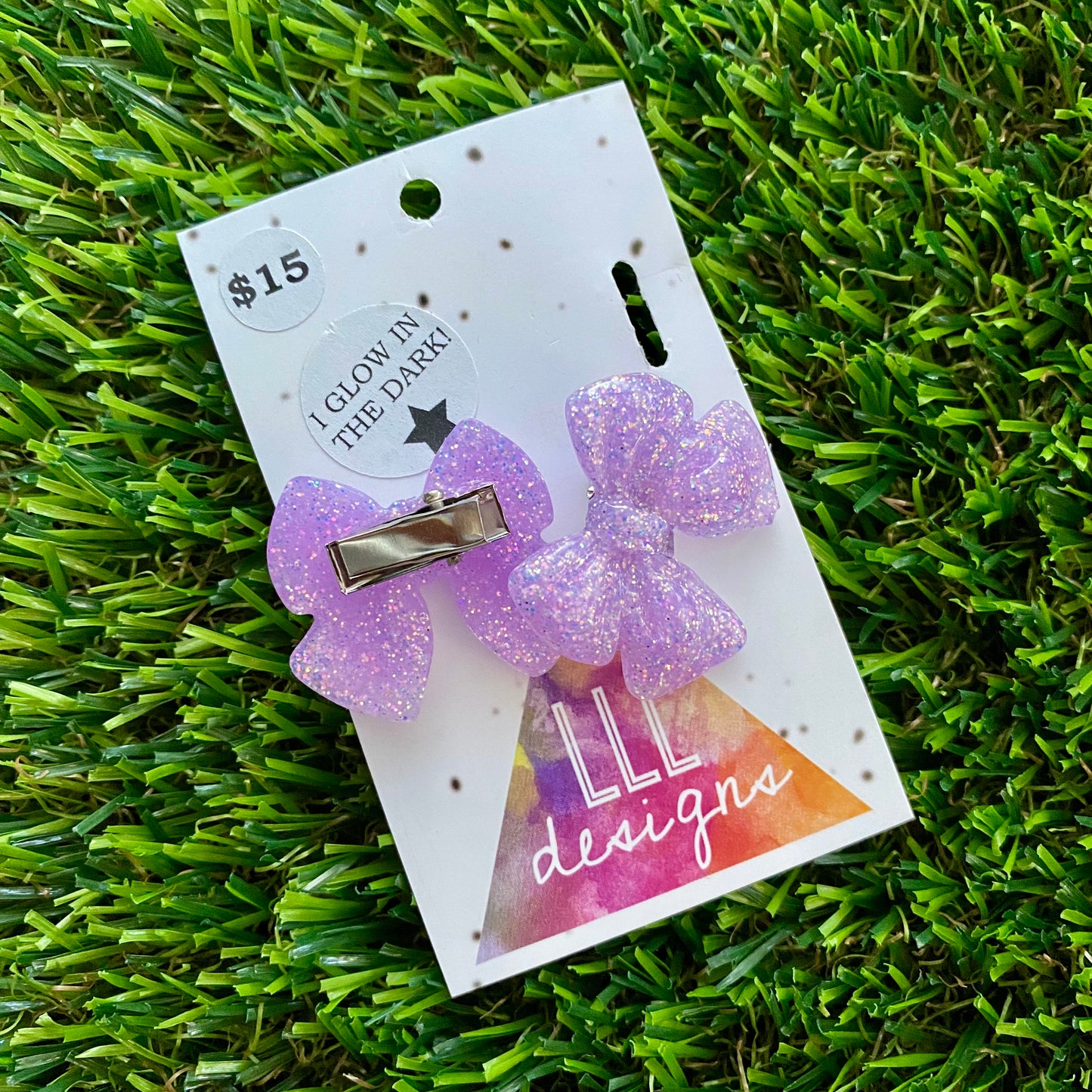 Handmade Resin Hair Clip - Glow In Dark Lavender - Medium Chunky Bow Hair Clip Pair!