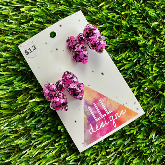 Handmade Resin Hair Clip - Pink and Black Confetti - Small Chunky Bow Hair Clip Pair!
