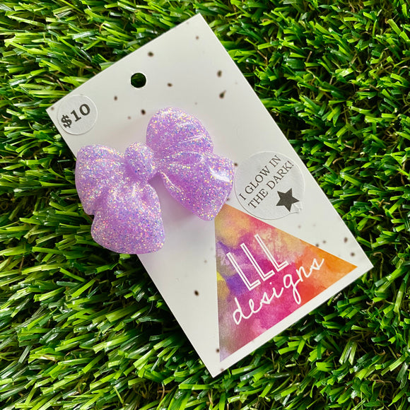 Handmade Resin Hair Clip - Glow In Dark Lavender Glitter - Large Chunky Bow Hair Clip!