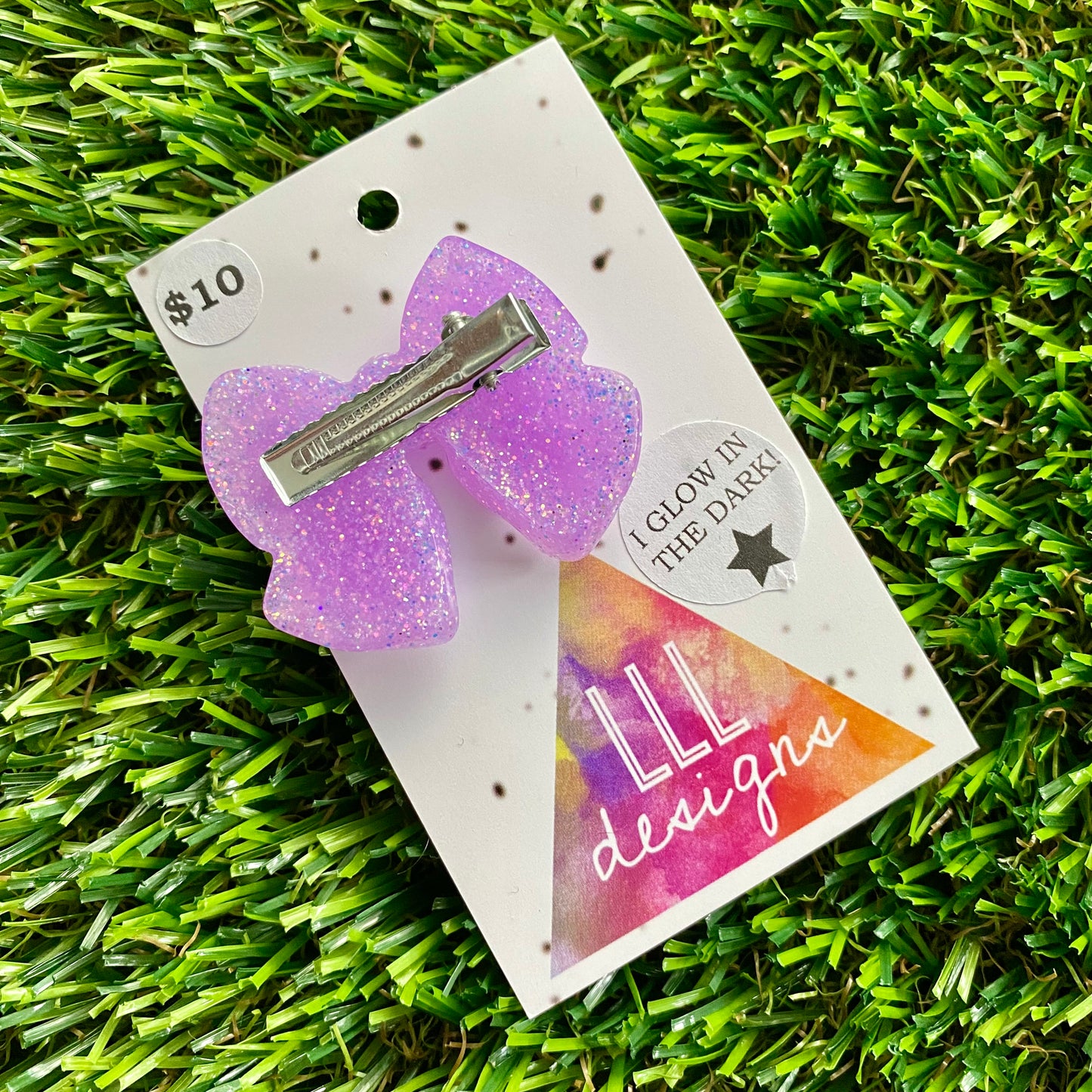 Handmade Resin Hair Clip - Glow In Dark Lavender Glitter - Large Chunky Bow Hair Clip!