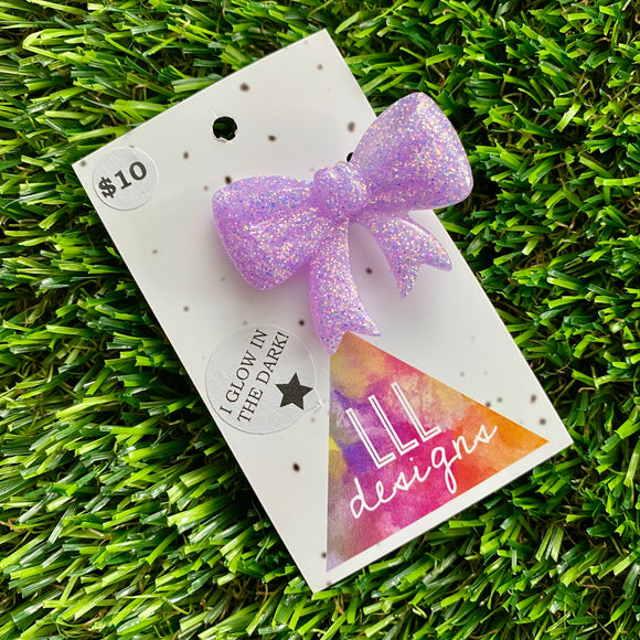 Handmade Resin Hair Clip - Glow In Dark Lavender Glitter - Large Regular Bow Hair Clip!