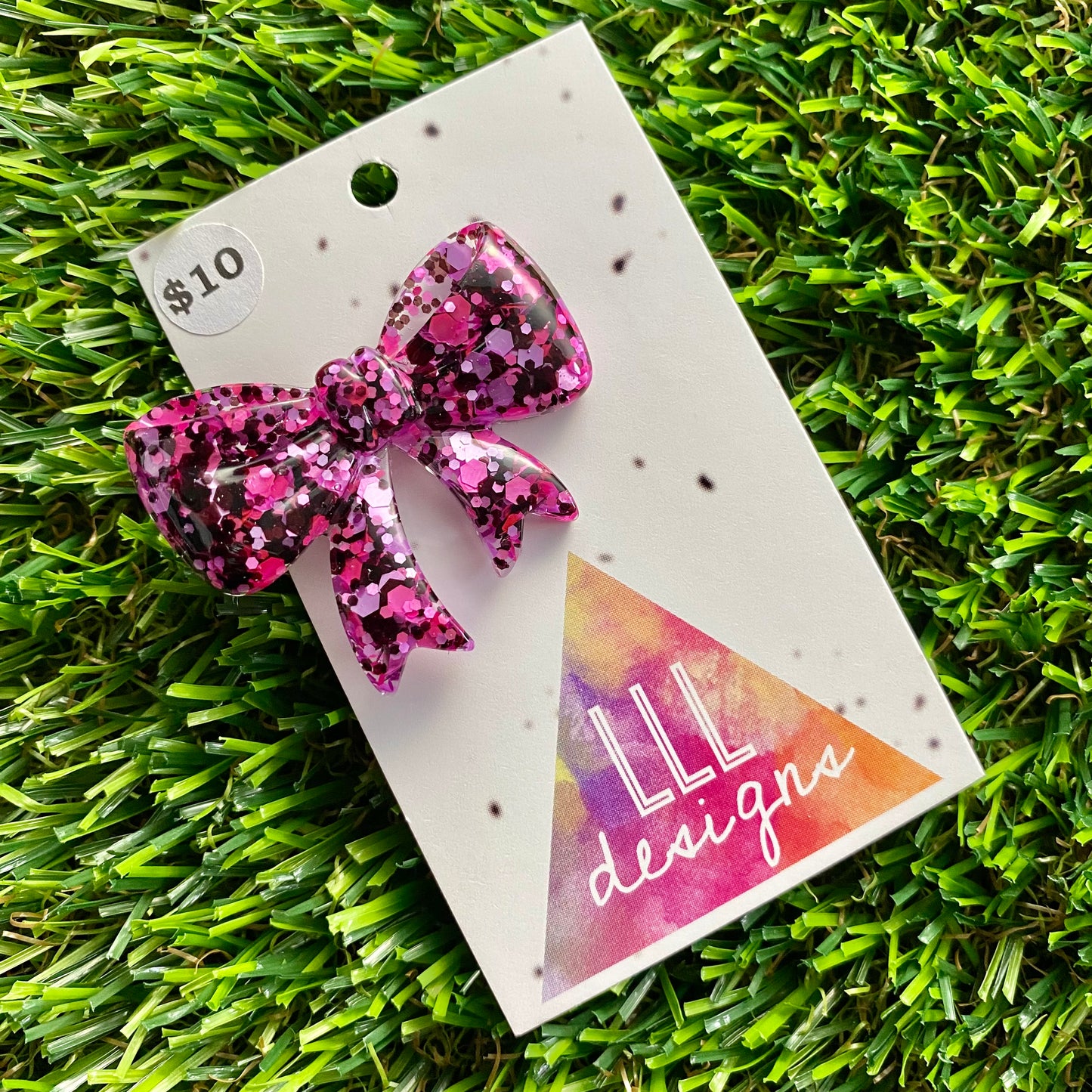 Handmade Resin Hair Clip - Pink and Black Confetti - Large Regular Bow Hair Clip!