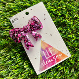 Handmade Resin Hair Clip - Pink and Black Confetti - Large Regular Bow Hair Clip!