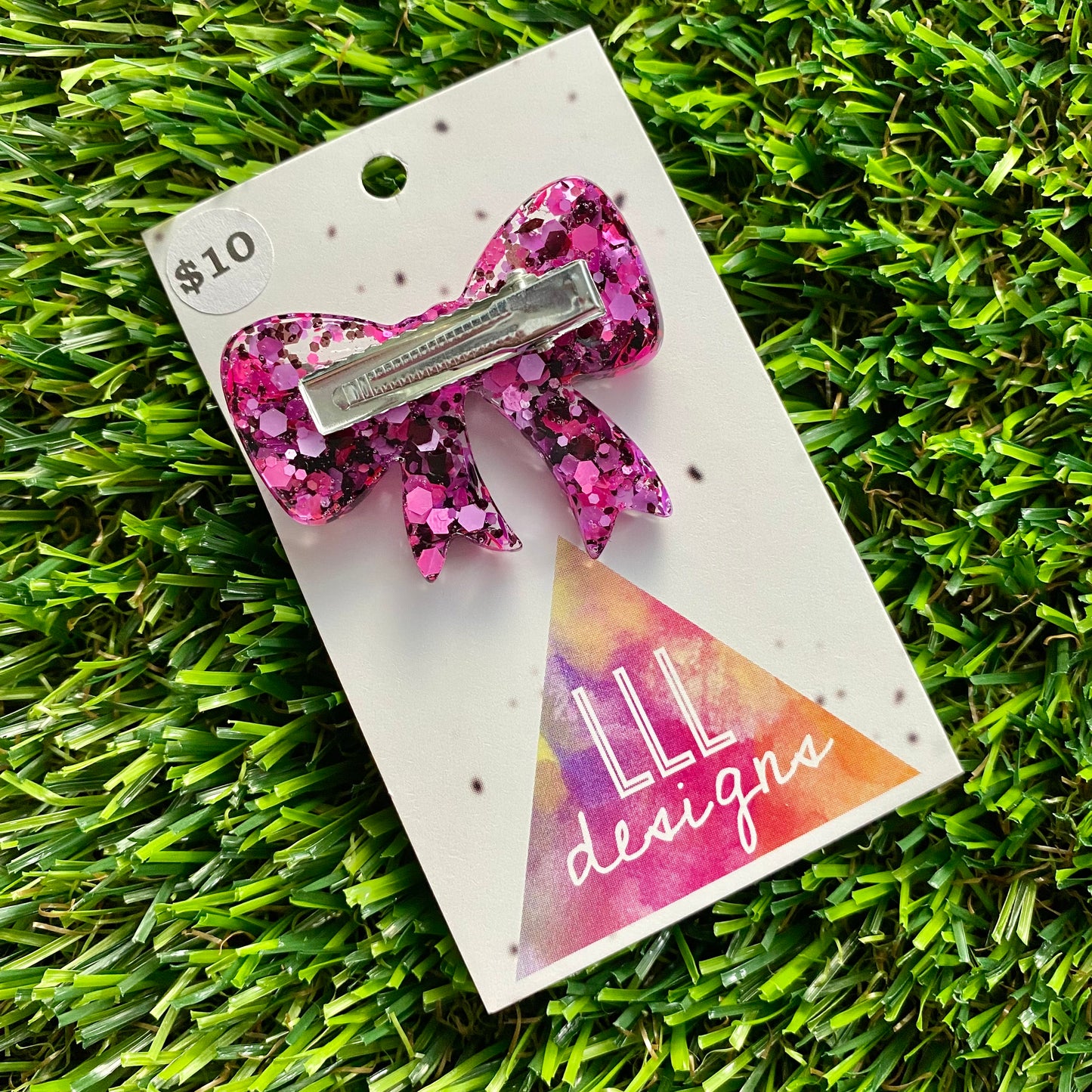 Handmade Resin Hair Clip - Pink and Black Confetti - Large Regular Bow Hair Clip!