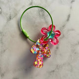Resin Keyring / Bagtag - Light Green cable featuring Blue & Pink Daisy and Rainbow Confetti Mushroom! (2)