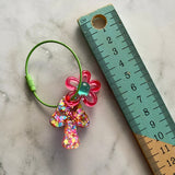 Resin Keyring / Bagtag - Light Green cable featuring Blue & Pink Daisy and Rainbow Confetti Mushroom! (2)