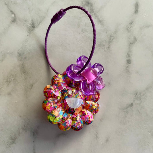 Resin Keyring / Bagtag - Purple cable featuring Pink & Purple Daisy and Rainbow Confetti Smiling Flower! (3)