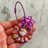 Resin Keyring / Bagtag - Purple cable featuring Pink & Purple Daisy and Rainbow Confetti Smiling Flower! (3)