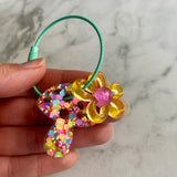 Resin Keyring / Bagtag - Aqua cable featuring Pink & Yellow Daisy and Rainbow Confetti Mushroom! (4)