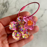 Resin Keyring / Bagtag - Hot Pink cable featuring Orange & Pink Daisy and Large Rainbow Confetti Flower! (5)