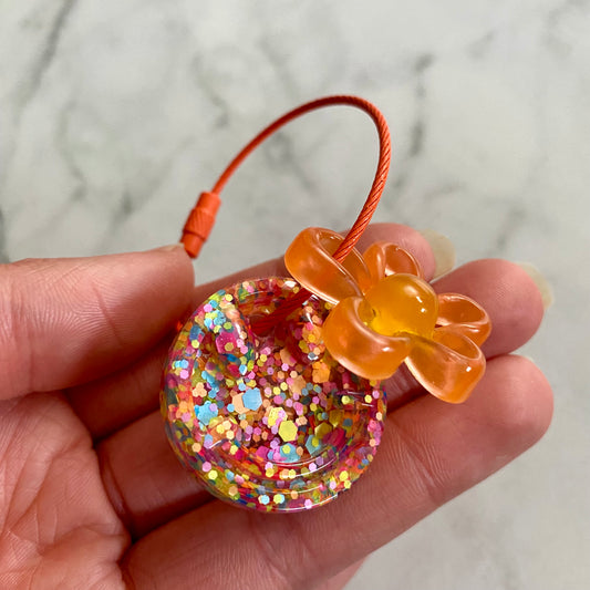 Resin Keyring / Bagtag - Orange cable featuring Yellow & Orange Daisy and Rainbow Confetti Smiley Face! (6)