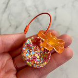 Resin Keyring / Bagtag - Orange cable featuring Yellow & Orange Daisy and Rainbow Confetti Smiley Face! (6)
