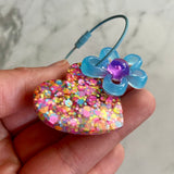 Resin Keyring / Bagtag - Light Blue cable featuring Purple & Blue Daisy and Rainbow Confetti Heart! (7)