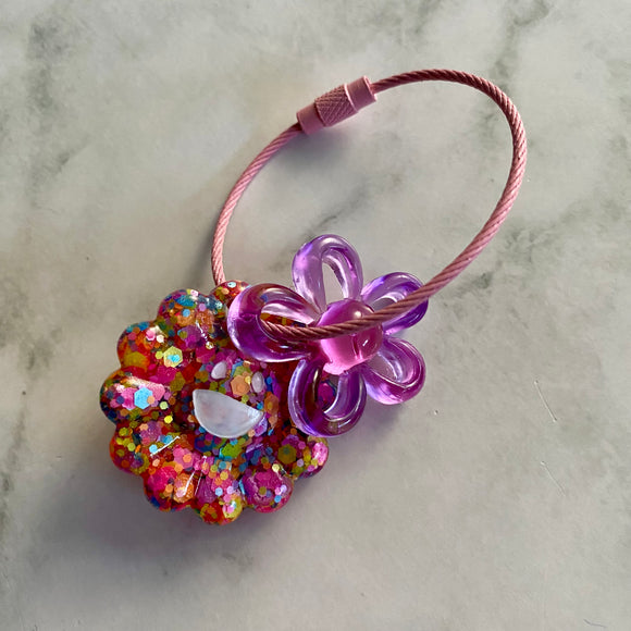 Resin Keyring / Bagtag - Pink cable featuring Pink & Purple Daisy and Rainbow Confetti Smiling Flower! (8)