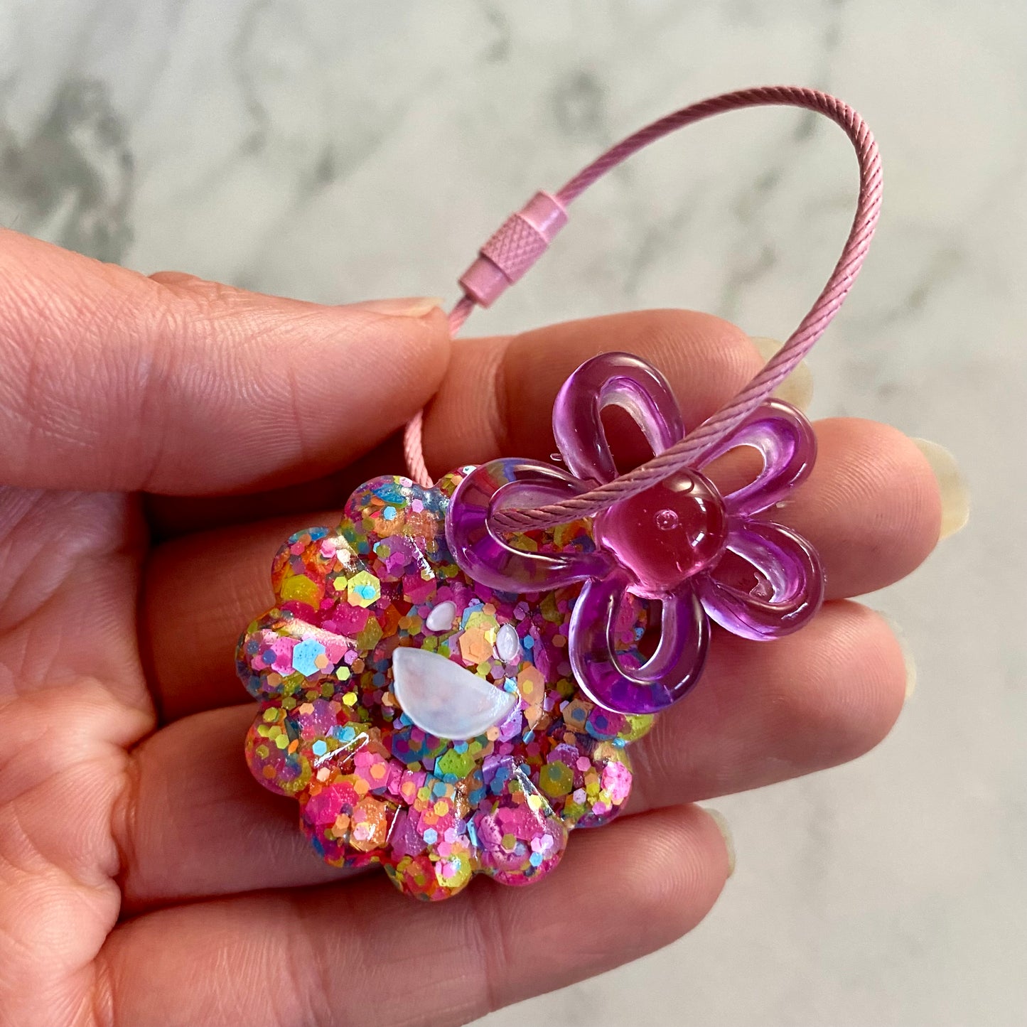 Resin Keyring / Bagtag - Pink cable featuring Pink & Purple Daisy and Rainbow Confetti Smiling Flower! (8)