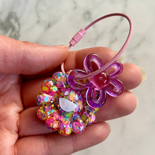 Resin Keyring / Bagtag - Pink cable featuring Pink & Purple Daisy and Rainbow Confetti Smiling Flower! (8)