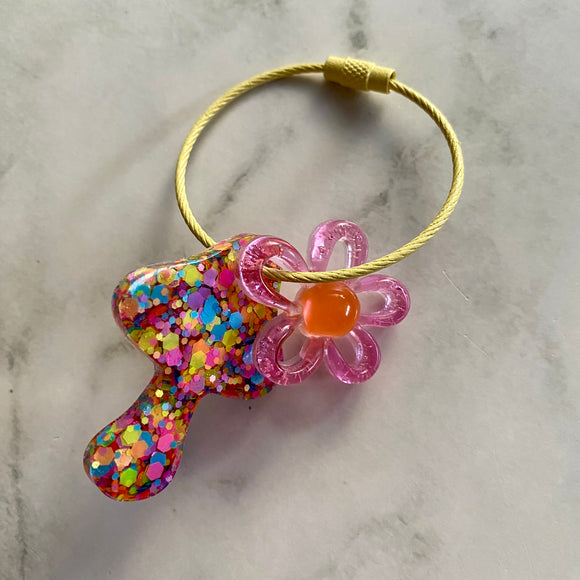 Resin Keyring / Bagtag - Yellow cable featuring Orange & Pink Daisy and Rainbow Confetti Mushroom! (9)