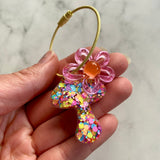 Resin Keyring / Bagtag - Yellow cable featuring Orange & Pink Daisy and Rainbow Confetti Mushroom! (9)