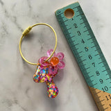 Resin Keyring / Bagtag - Yellow cable featuring Orange & Pink Daisy and Rainbow Confetti Mushroom! (9)