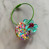 Resin Keyring / Bagtag - Light Green cable featuring Pink & Aqua Daisy and Rainbow Confetti Circle! (10)