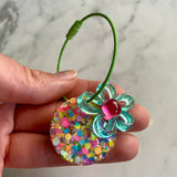 Resin Keyring / Bagtag - Light Green cable featuring Pink & Aqua Daisy and Rainbow Confetti Circle! (10)