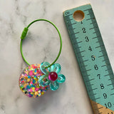 Resin Keyring / Bagtag - Light Green cable featuring Pink & Aqua Daisy and Rainbow Confetti Circle! (10)