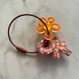 Resin Keyring / Bagtag - Brown cable featuring Yellow & Orange Daisy and Rainbow Confetti OK! (11)