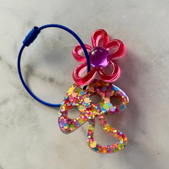 Resin Keyring / Bagtag - Dark Blue cable featuring Purple & Pink Daisy and Rainbow Confetti Mushroom! (12)
