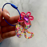 Resin Keyring / Bagtag - Dark Blue cable featuring Purple & Pink Daisy and Rainbow Confetti Mushroom! (12)