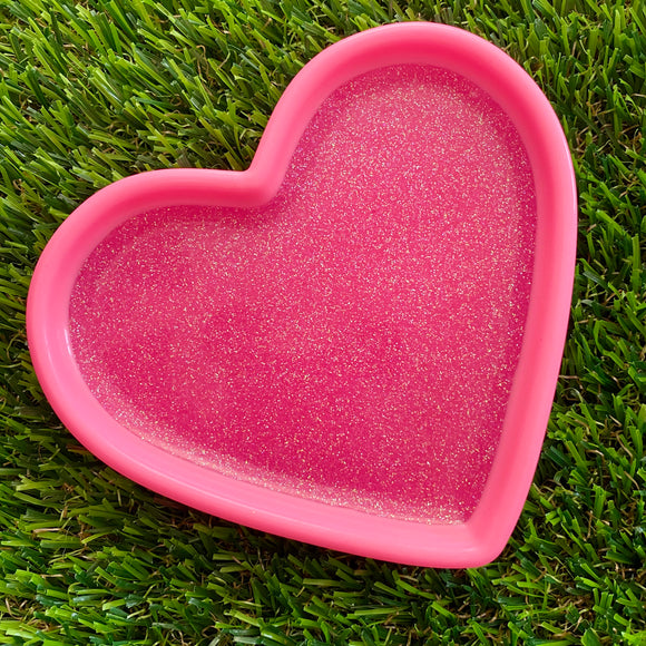 Resin Heart Tray - Two Tone Barbie Pink featuring a Glitter Pink Base and Bright Pink Border! Brighten Up Your Life with this Bold and Fun Piece!