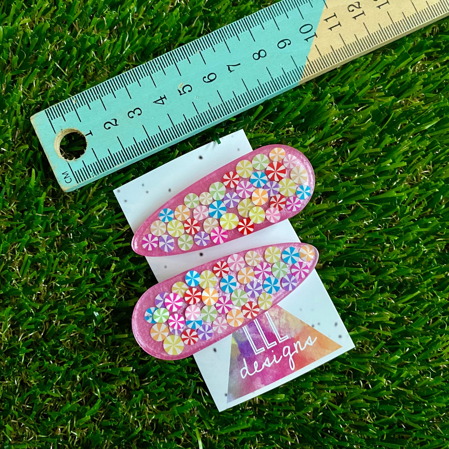 Resin Hair Clip - Pearl Pink Hair Clip Pair Featuring Hand Placed Rainbow Sweets!