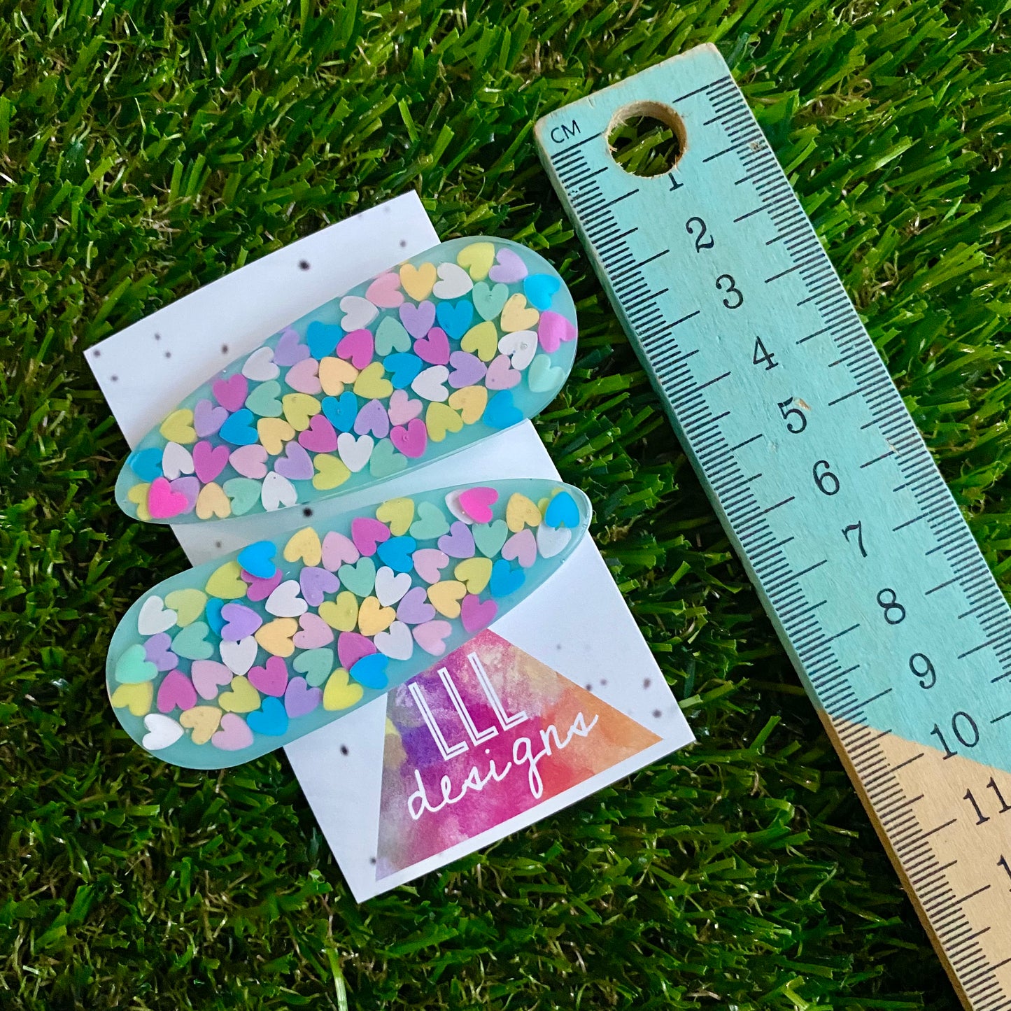 Resin Hair Clip - Mint Green Hair Clip Pair Featuring Hand Placed Pastel Rainbow Hearts!