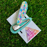 Resin Hair Clip - Mint Green Hair Clip Pair Featuring Hand Placed Pastel Rainbow Hearts!