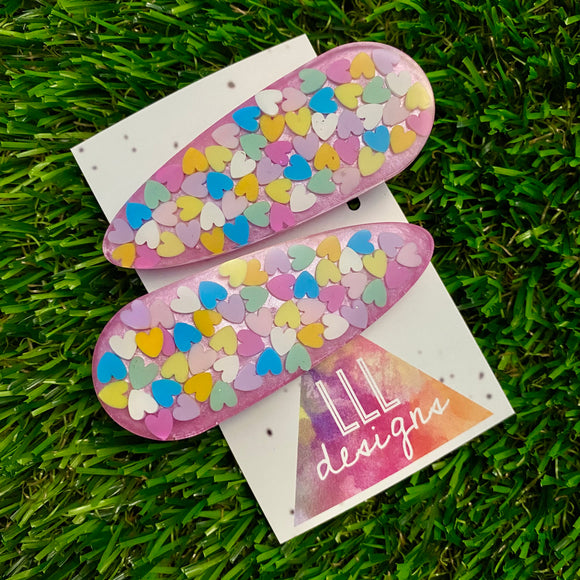 Resin Hair Clip - Pearl Pink Hair Clip Pair Featuring Hand Placed Pastel Rainbow Hearts!