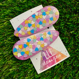 Resin Hair Clip - Pearl Pink Hair Clip Pair Featuring Hand Placed Pastel Rainbow Hearts!