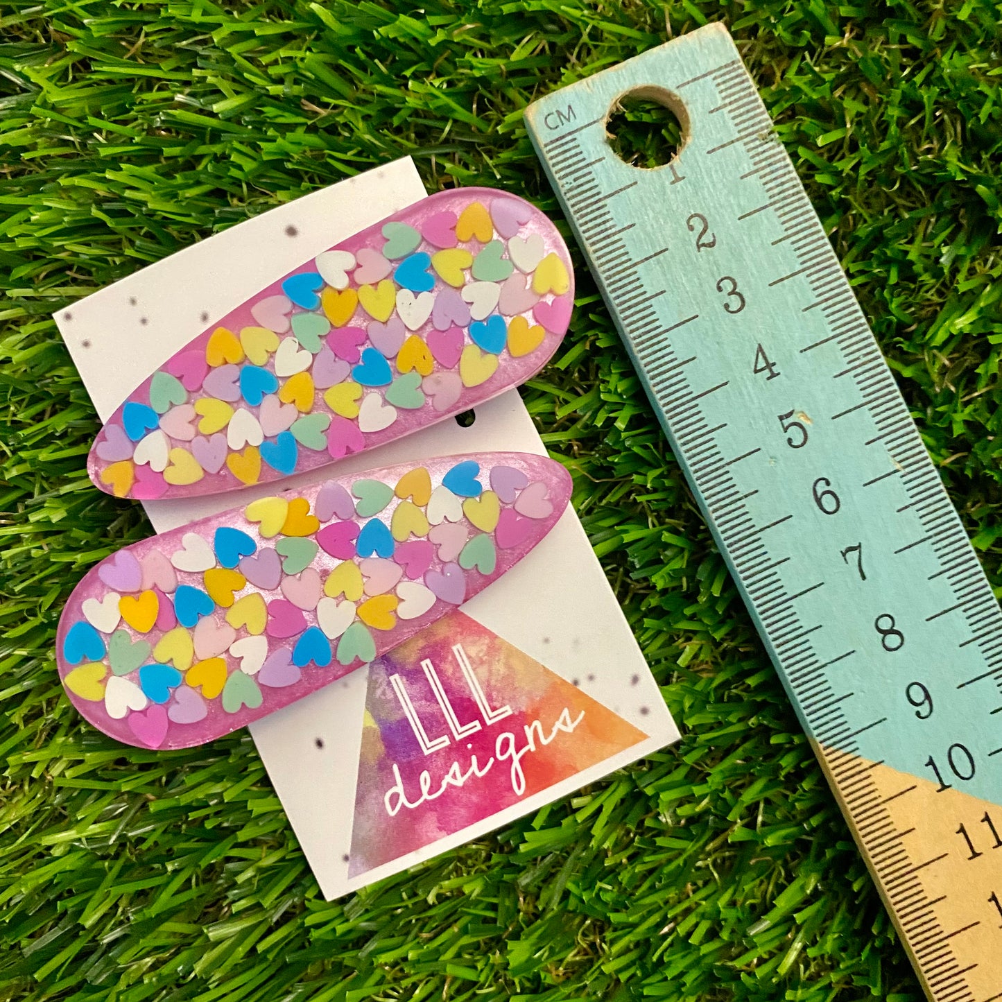 Resin Hair Clip - Pearl Pink Hair Clip Pair Featuring Hand Placed Pastel Rainbow Hearts!