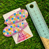 Resin Hair Clip - Pearl Pink Hair Clip Pair Featuring Hand Placed Pastel Rainbow Hearts!
