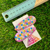 Resin Hair Clip - Pearl Pink Hair Clip Pair Featuring Hand Placed Pastel Rainbow Hearts!