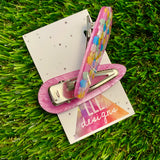 Resin Hair Clip - Pearl Pink Hair Clip Pair Featuring Hand Placed Pastel Rainbow Hearts!
