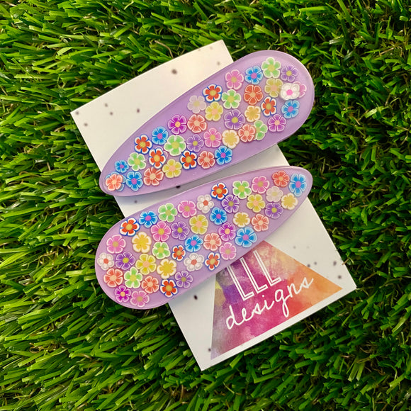 Resin Hair Clip - Lavender Hair Clip Pair Featuring Hand Placed Rainbow Daisies!