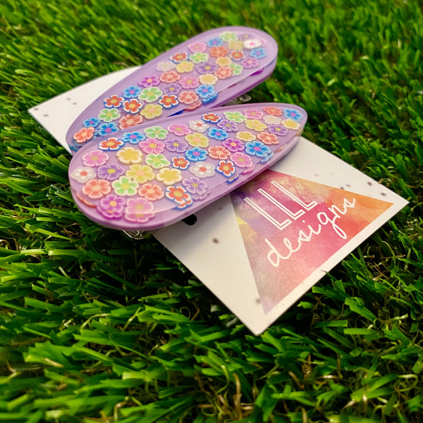 Resin Hair Clip - Lavender Hair Clip Pair Featuring Hand Placed Rainbow Daisies!
