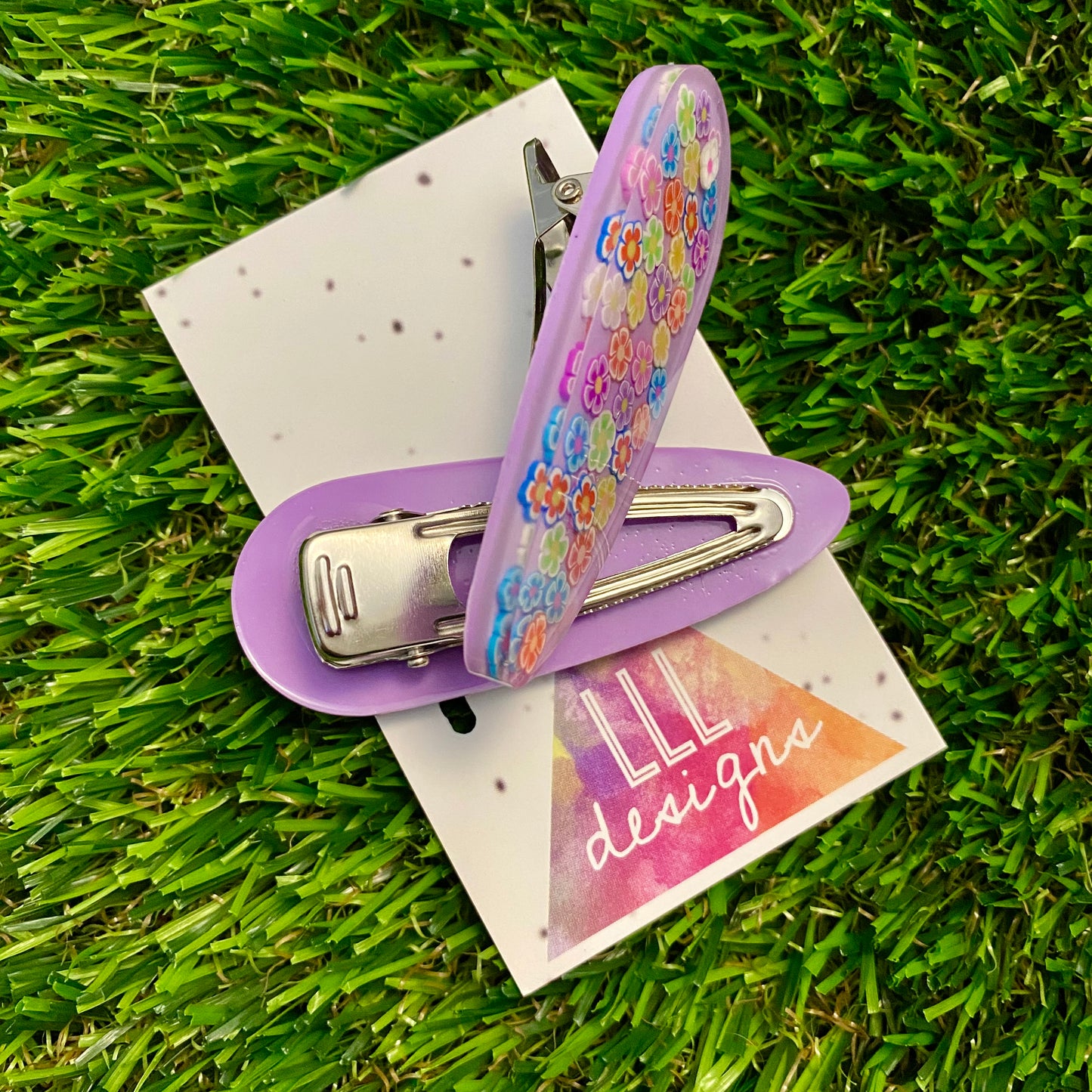 Resin Hair Clip - Lavender Hair Clip Pair Featuring Hand Placed Rainbow Daisies!