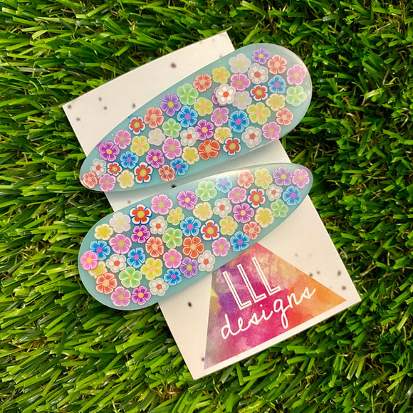 Resin Hair Clip - Mint Green Hair Clip Pair Featuring Hand Placed Rainbow Daisies!