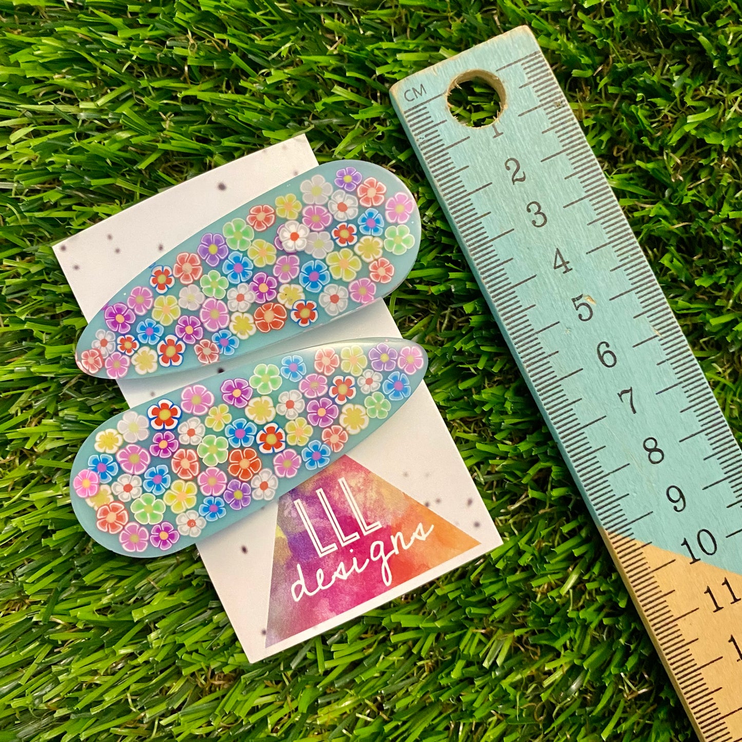 Resin Hair Clip - Mint Green Hair Clip Pair Featuring Hand Placed Rainbow Daisies!