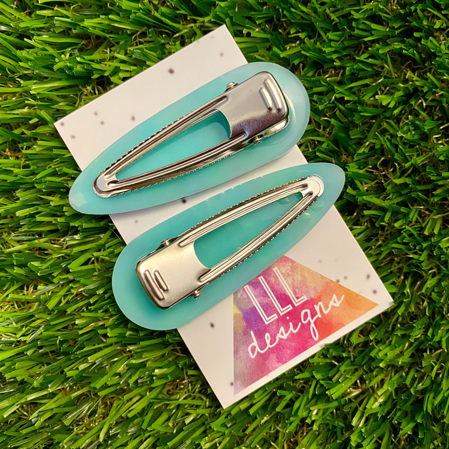 Resin Hair Clip - Mint Green Hair Clip Pair Featuring Hand Placed Rainbow Daisies!