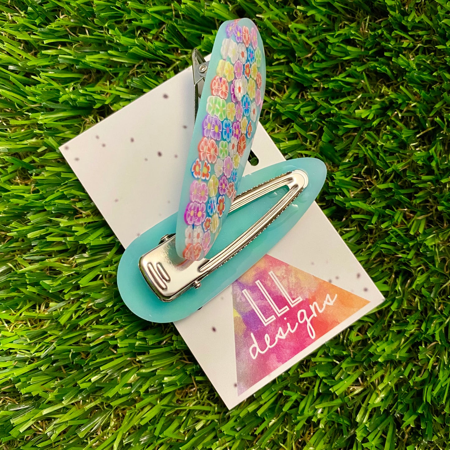 Resin Hair Clip - Mint Green Hair Clip Pair Featuring Hand Placed Rainbow Daisies!