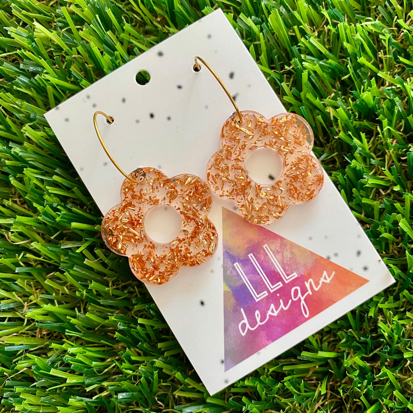 ON SALE!!!! Resin Earrings - Copper Foil Cut Out Daisy Featuring a Gold Hoop!
