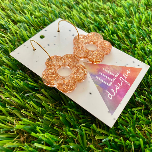 ON SALE!!!! Resin Earrings - Copper Foil Cut Out Daisy Featuring a Gold Hoop!