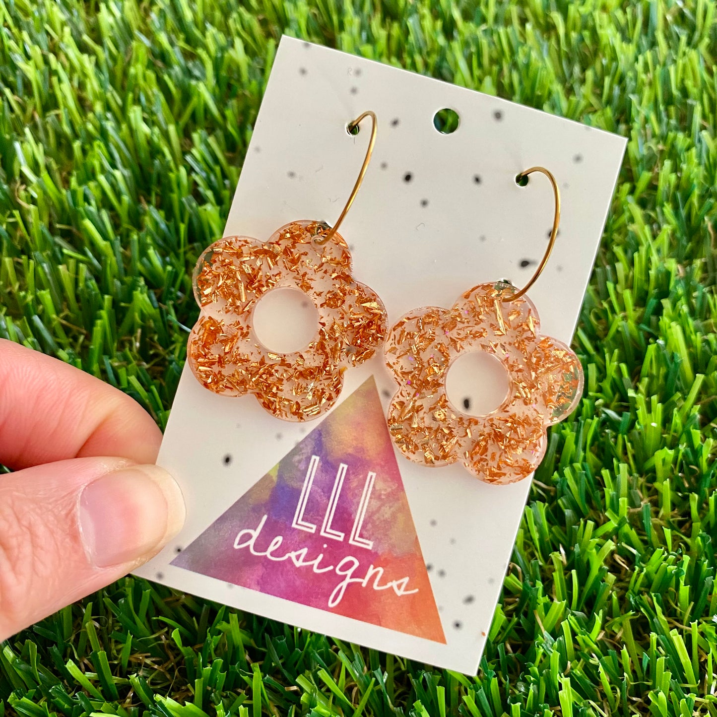 ON SALE!!!! Resin Earrings - Copper Foil Cut Out Daisy Featuring a Gold Hoop!